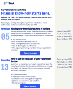 Copy of TIAA flyer with details about TIAA November Webinars