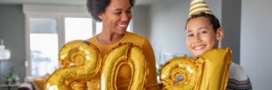 mother and son with new year balloons